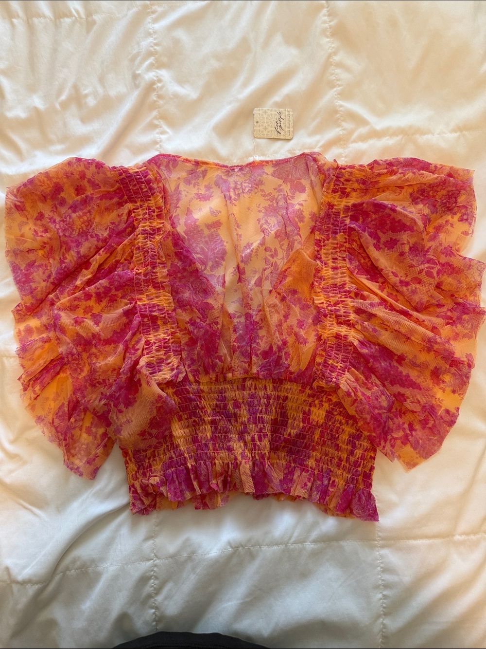 NWT free people pink and orange sheer cropped ruffle top - Picture 2 of 3